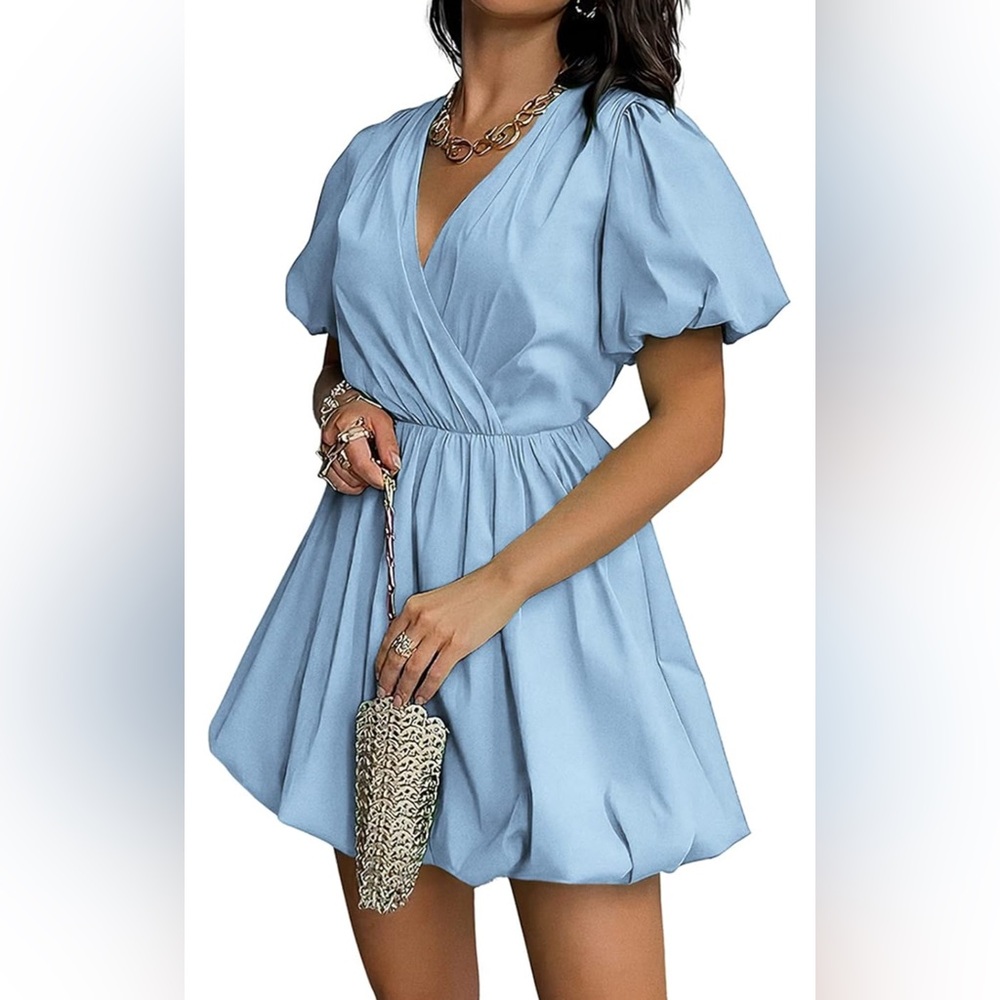Women's Blue Summer Puff Sleeve Short Mini Dress